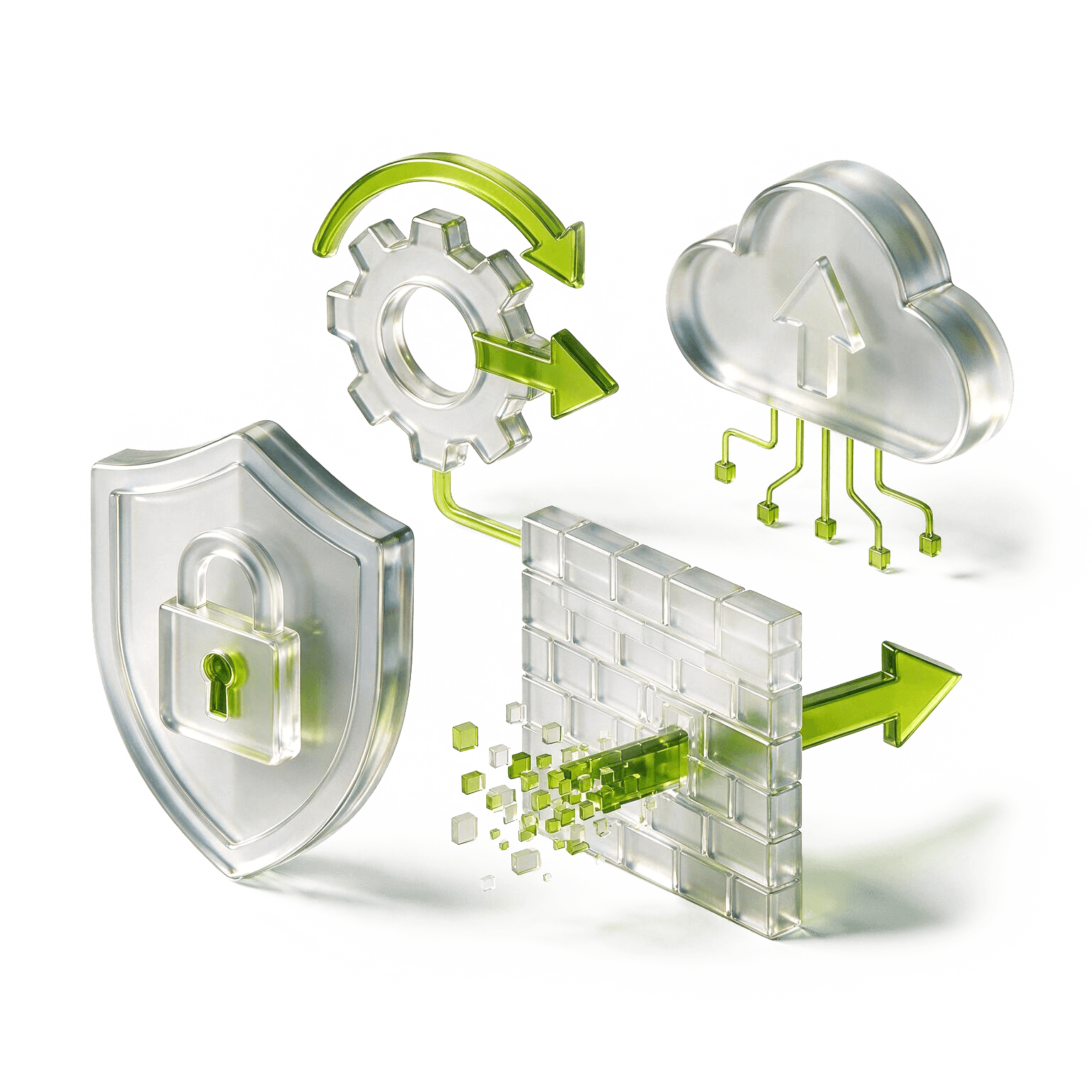 Gläserne Symbole für Schutzschild, Zahnrad, Cloud und Firewall — die Bausteine einer betreuten IT-Infrastruktur